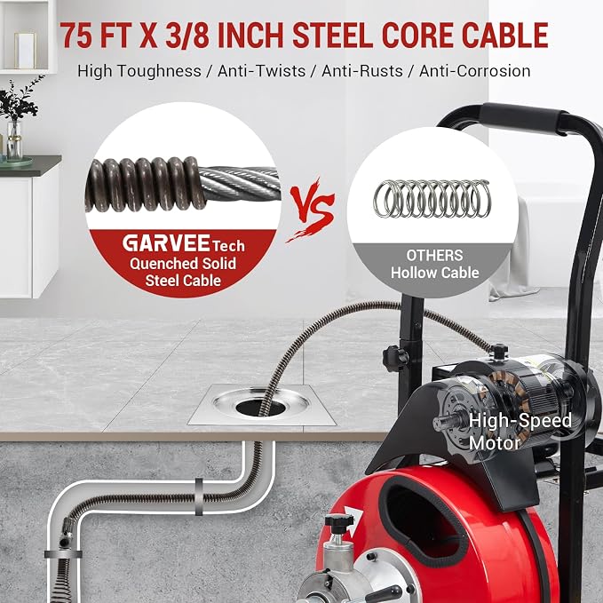 GarveeTech Auto Feed 75 ft x 3/8 in Drain Cleaner Machine with 200W Motor, Portable Sewer Snake Auger with 8 Cutters & Air-activated Foot Switch, Fits 1 in to 4 in Pipes, Black & Red