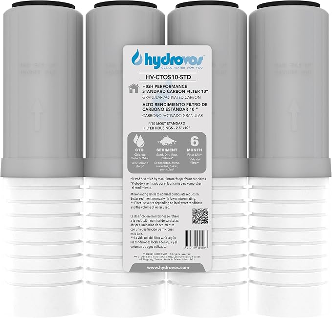 HYDROVOS 10" x 2.5" Whole House Water Filter, CTO Carbon Water Filter Replacement, High Efficiency 2-in-1 GAC & PP Removes Sediment, Chlorine, Pack of 4