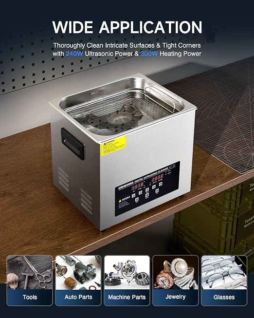 CREWORKS 10L Digital Ultrasonic Cleaner with Degas Gentle Modes, 2.6 gal. Ultrasonic Cleaning Machine, 240W Professional Ultrasound Cleaner with 300W Heater & 30 min Timer for Auto Machine Parts Tools