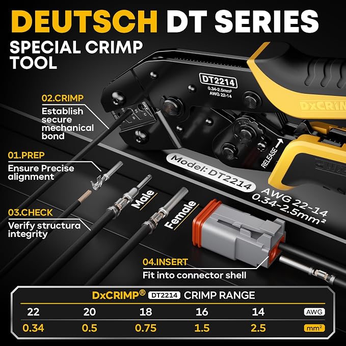 DT Series Connector Crimping Tool Kit, 2-12 Pin Waterproof Connectors, Size 16 Stamped Contacts (22-14 AWG), Ratcheting Crimper Stripper & Removal Tools for Auto, Compatible with Deutsch DT