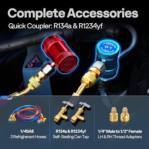 VIVOHOME Digital HVAC Manifold Gauge Set with R134a R1234yf Quick Couplers and Can Taps, Refrigeration Car AC Gauges with 3 Hoses for R134a R410a R32 R1234yf R454B Refrigerant Recharge Kit