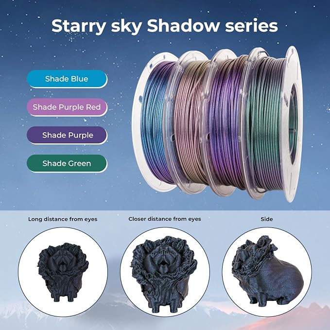 AMOLEN PLA 3D Printer Filament,PLA PrintingFilament Starry Sky Series Pla 1.75mm Bundle, Starry Sky Dark Purple/Green/Blue/Purple Red, 4x200g Pack