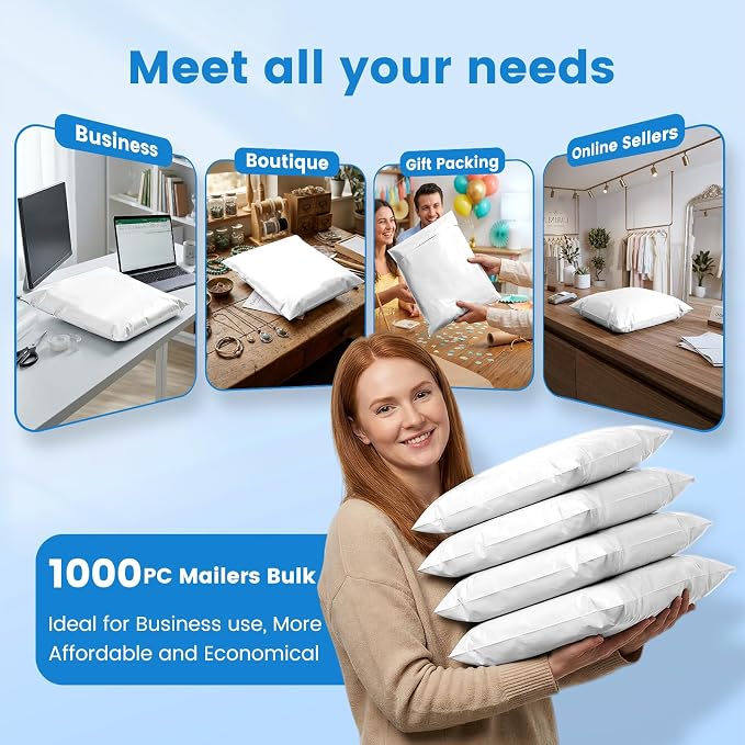 Metronic Poly Mailers 14x19 1000 Pack, Heavy Duty Shipping Bags Bulk Self Seal Waterproof Tear Weather Resistant Large Mailing Envelopes, Packaging bags for Small Business, Boutique, Clothing, White