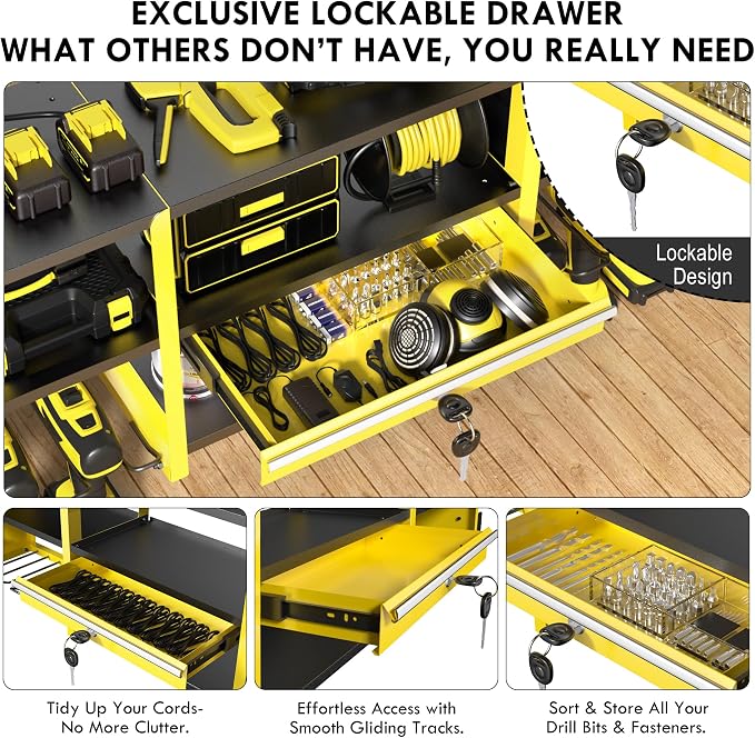 KSVO Large Power Tool Organizer Wall Mount with Locking Drawers, Grinder Holder, Hammer & Pliers Rack, & 6-Outlet Charging Shelf – Heavy Duty Metal Tool Storage for Garage & Workshop