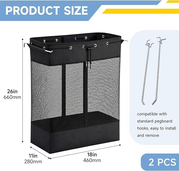 Gerrii 2 Pack Extra Large Pegboard Mesh Storage Baskets with 4 Hooks, 18 x 11 x 26 Inch Pegboard Wall Organizer Accessories with Zippered Front, Large Capacity, for Home Sport Garage Storage