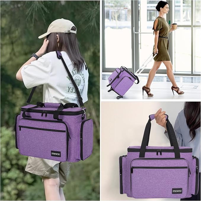Sewing Machine Case with Wheels, Universal Rolling Trolley Tote with Shoulder Strap & Multiple Storage Pockets Compatible with Most Standard Singer, Brother, Janome,Purple