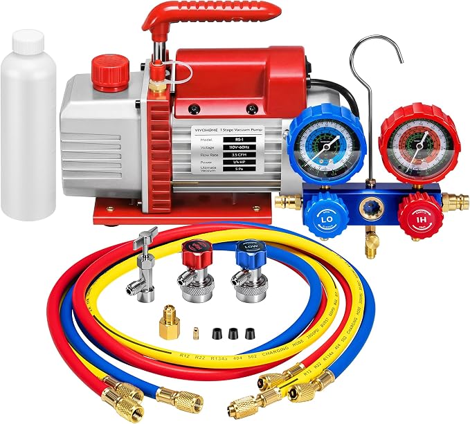 VIVOHOME 110V 1/4 HP 3.5 CFM Single Stage Rotary Vane HVAC Vacuum Pump and 3 Way AC Manifold Gauge Set with 4ft Hoses & Accessories for Auto Air Conditioning Refrigeration Recharging, Red