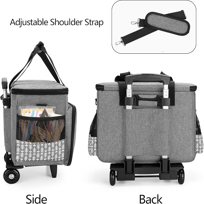 Yarwo Upgraded Rolling Craft Bag with Detachable Trolley and Multi-Pockets | Removable Bottom Board, Wheeled Scrapbook Tote, Large Teacher Gifts Bag, Rolling Briefcase for Teaching & Office, Gray Arrow