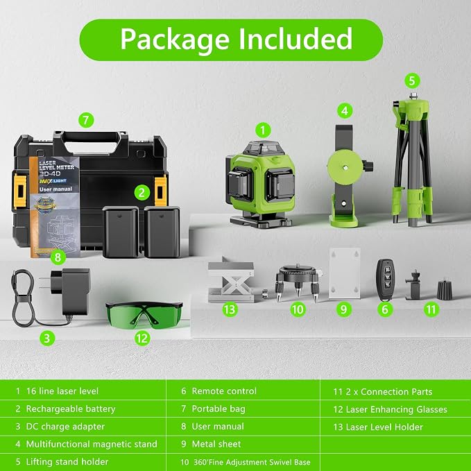 16 Line Laser Level 360 Self Leveling with tripod, 4x360°Professional 4D Green Cross Line laser Level with 2 Batteries & Remote Control, for Tiling Floor Construction and Picture Hanging