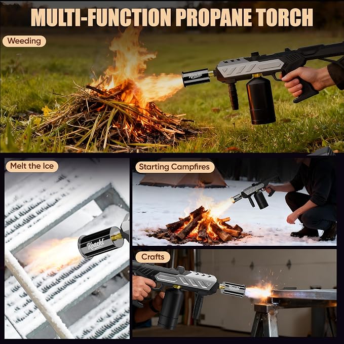 KOACKL Heavy-Duty Propane Torch Gun - 25.8" Detachable Flame Thrower Gun with Piezo Ignition, Adjustable 2462°F Weed Torch Burner for Campfire, Ice Melting, Roofing, Wood Scorching & Weed Burning