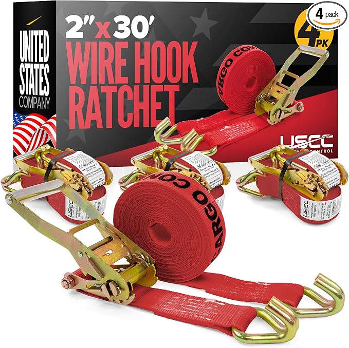 US Cargo Control Wire Hook Ratchet Straps 2 Inch x 30 Foot (4-Pack), 10,000 LBS Break Strength, Ratchet Straps Heavy Duty with Double J Hooks, Red Cargo Tie Downs for Flatbed Trailers and Trucks