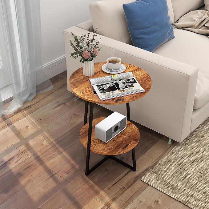 Round End Table - 23.6" H Side Table with Metal Frame, Industrial Accent Tables for Living Room Bedroom, Rustic Brown (1 Pack)