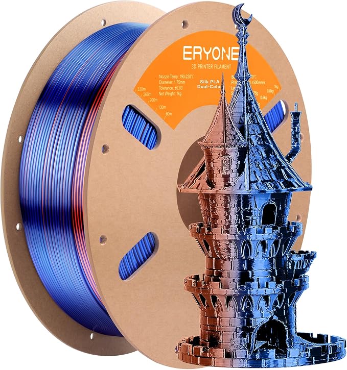 ERYONE Silk Dual Color PLA Filament 3D Printer 1.75mm +/- 0.03mm, Bicolor Filament Two Tone PLA 1KG(2.2lbs) Cardboard Spool, Orange & Blue