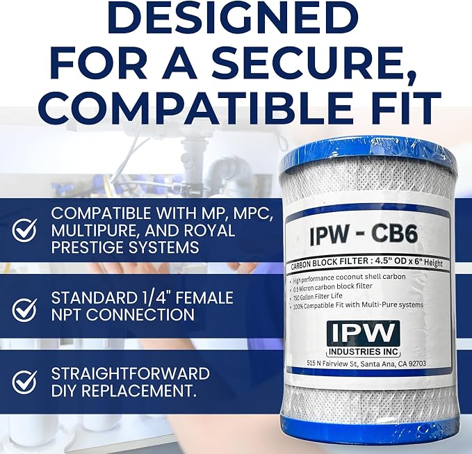 IPW Industries | CB6 Carbon Block Replacement Filter for Reverse Osmosis Water Filter System, Effective Water Filtration Cartridge for MP & MPC System