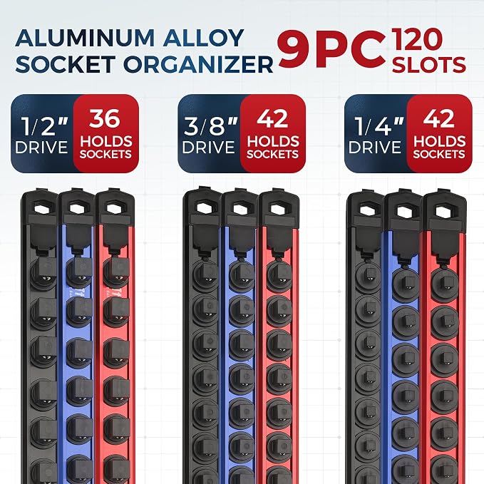 Reniteco Magnetic Socket Organizer Set, 9PC 1/2" 3/8" 1/4" Drive Aluminum Alloy Socket Holder with 120PC 360° Swivel Removable Clips, Magnetic Socket Rail for Tool Box Drawer, Multi