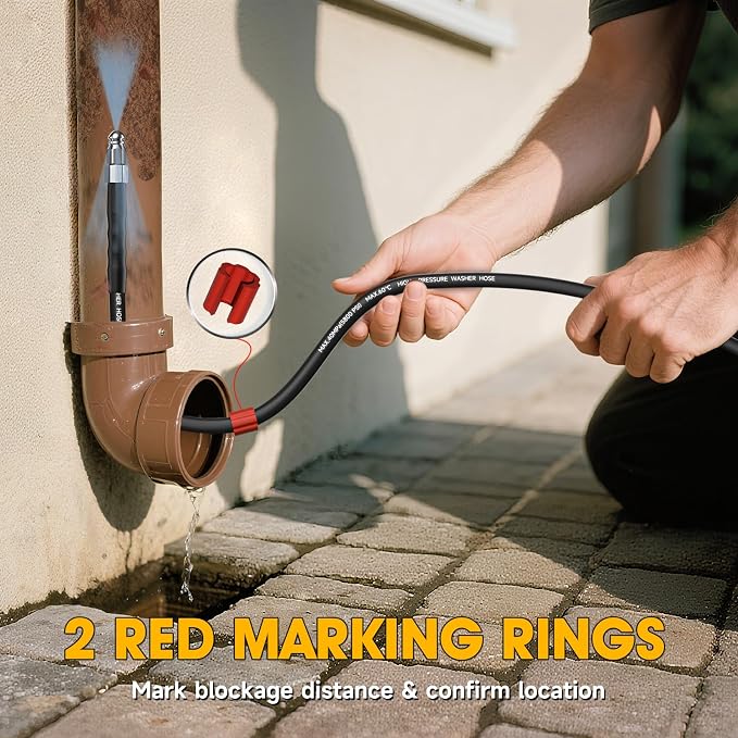 Sewer Jetter Kit for Pressure Washer 100ft – 5800PSI Drain Cleaning Hose 1/4" NPT Corner with High-Pressure Nozzles, Watering Spray Nozzle, Sewer Cleaning Tools & Easy-to-Store Strap