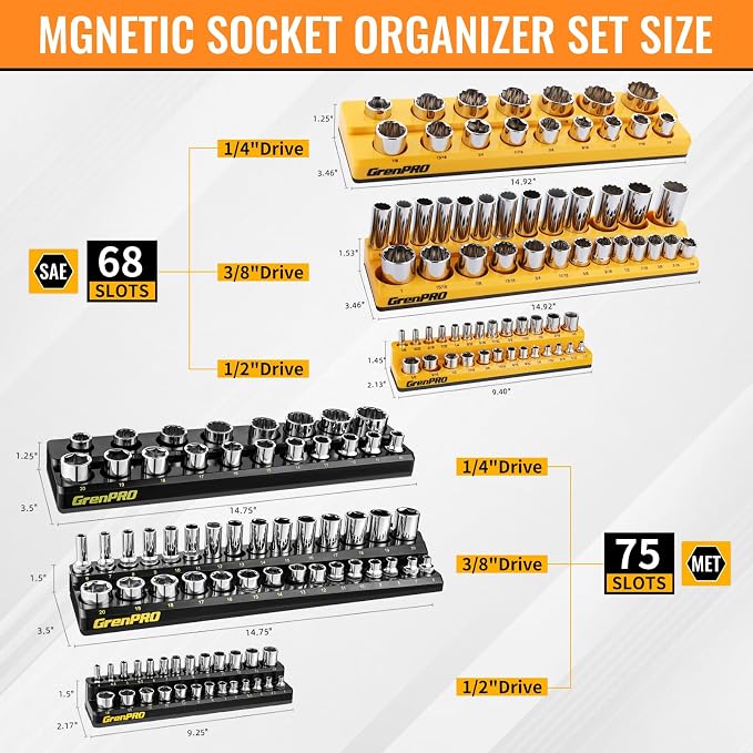 GRENPRO 8-Piece Professional Tool Organizer Set: 6-Piece Magnetic Socket Organizer & 2-Piece Wrench Holders for 1/4", 3/8", 1/2" Drive SAE & Metric Sockets and Wrenches | Saves Space & Easy Access