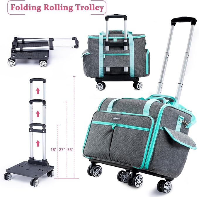 AMOIGEE Full-Open Sewing Machine Case with Wheels, Large Rolling Sewing Machine Bag with Detachable Foldable Dolly, Heavy-Duty Embroidery Tote for Brother Singer Janome Standard Machines Storage