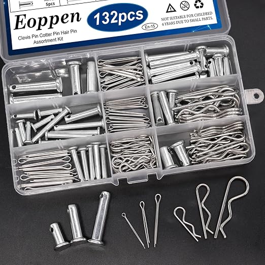 132Pcs Clevis Pin Cotter Pin Hair Pin Assortment Kit - 304 Stainless Steel 15 Sizes Cotter Pin & R Clips Pin Zinc-Plated Single Hole Flat Head Clevis Pins