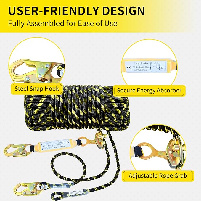 50FT Fall Protection Safety Rope, Heavy Duty Vertical Lifeline Assembly with Grab Snap Hooks Shock Absorber, Safety Lanyard for Roofing Tree Climbing Construction