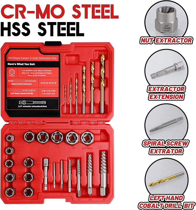 30 Pcs Spiral Screw Extractor Bolt Extractor Set, 6542/4341 HSS Left Hand Drill Bit Set, Stripped Bolt Remover Borken Bolt Extractor Kit for Removing Nuts Bolts with Solid Storage Case