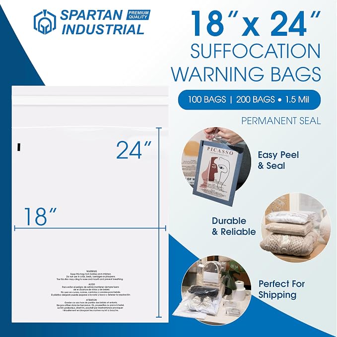 Spartan Industrial - 18" X 24" (250 Count) Self Seal Clear Poly Bags with Suffocation Warning for Packaging, Shipping - Permanent Adhesive