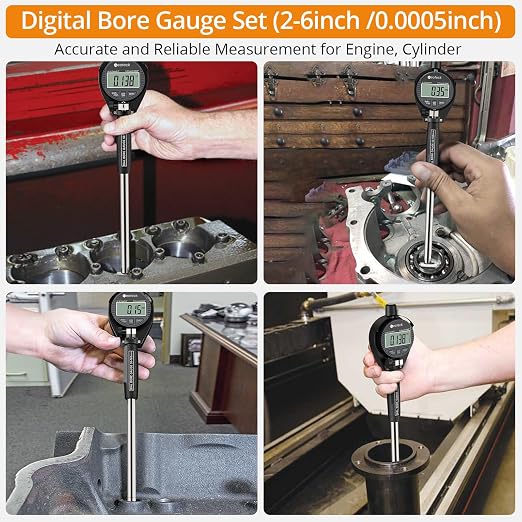 Neoteck Digital Bore Gauge Set Digital Indicator Bore Gauge (2"-6"/0.0005") Measurement with Self-Centering Dial Carbide Anvils and Insulated Grips for Deep Engine Cylinder Measurement