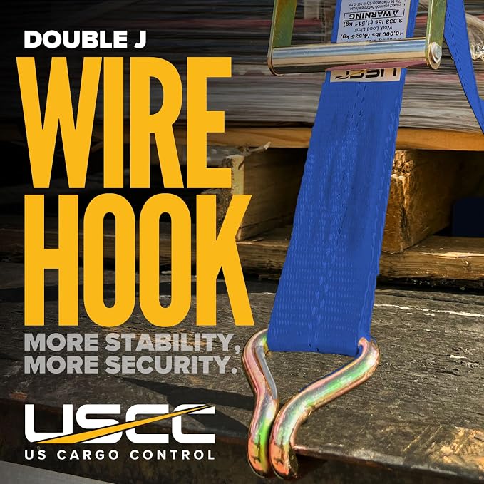 US Cargo Control Wire Hook Ratchet Strap 2 Inch x 30 Foot, 10,000 LBS Break Strength, Ratchet Straps Heavy Duty with Double J Hooks, Blue Cargo Tie Downs for Flatbed Trailers and Trucks