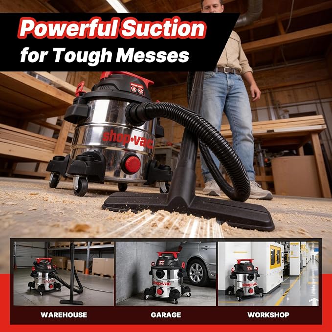 Shop-Vac 8 Gallon 4.5 Peak HP Wet/Dry Vacuum, Stainless Steel Tank, Portable with Drain Port, Blower Port, Hose and Accessories for Garage, Workshop, Jobsite, and Patio