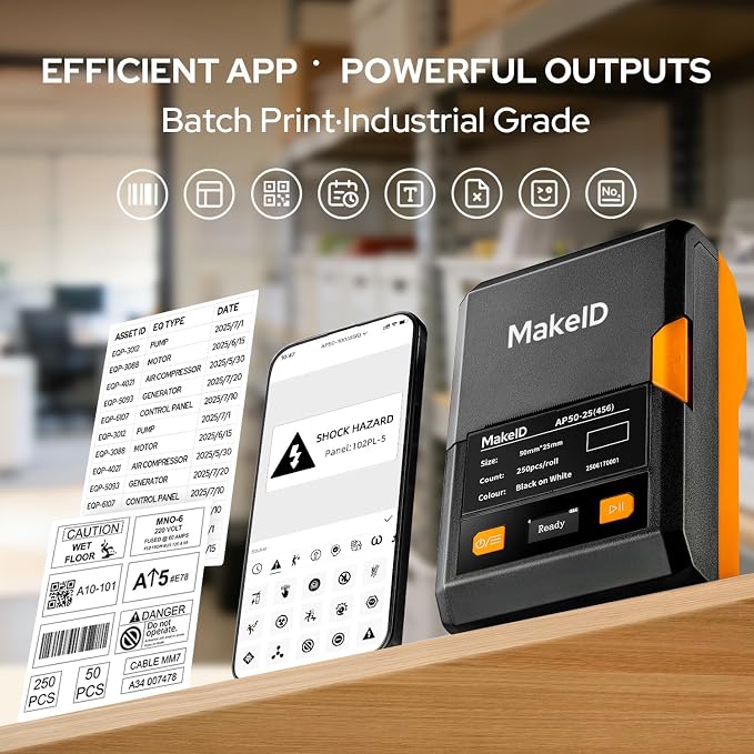 Makeid EP53 Portable Industrial Label Maker, 2" Print Head Bluetooth Printer, Mobile APP & PC Editor Compatible, 2600mAh Li-ion Battery. Comes with 1" H x 2" W Label, Rugged Design for Tough Job Sites