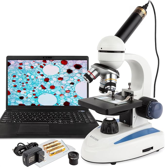 AmScope M158C-E1 Digital Cordless Compound Monocular Microscope, WF10x and WF25x Eyepieces, 40x-1000x Magnification, LED Illumination with Rheostat, Brightfield, Single-Lens Condenser, Coaxial Coarse and Fine Focus, Plain Stage, 110V or Battery-Powered...