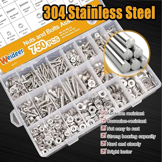 weideer 750PCS Nuts and Bolts Assortment Kit,Stainless Steel Machine Screws, #6-32#8-32#10-24#1/4-20Phillips Flat Head Screws Assorted with Nuts, Bolts,Washers