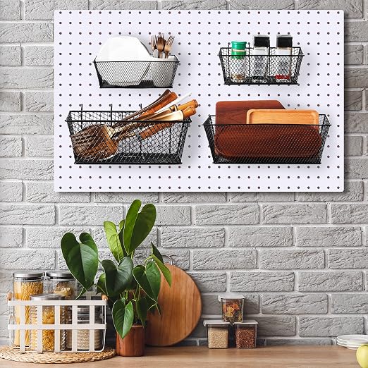 Sieral 4 Pcs Pegboard Baskets Metal Wire Shelf Baskets Peg Board Organizer Accessories Wall Mount Organizer Attachments for Garage Workbench Various Tool Accessories, 2 Sizes (Black,Large)