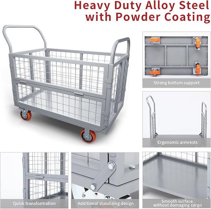 YITAMOTOR 2000lbs Platform Truck Cart with Cage, 6-in-1 Foldable Heavy Duty Hand Truck Flatbed Cart with 6" Swivel Casters, Multi-Functional Push Dolly for Grocery, Laundry, Warehouse, Storage