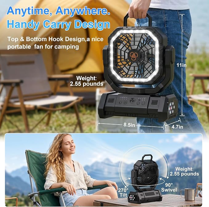 Portable Rechargeable Fan 20000mAh, Battery Powered Camping Fan with LED Light& Remote,4 Speeds Wind,USB,Cordless,Oscillating,Timer for Travel Tent,Rv Camping Essentials (Black)