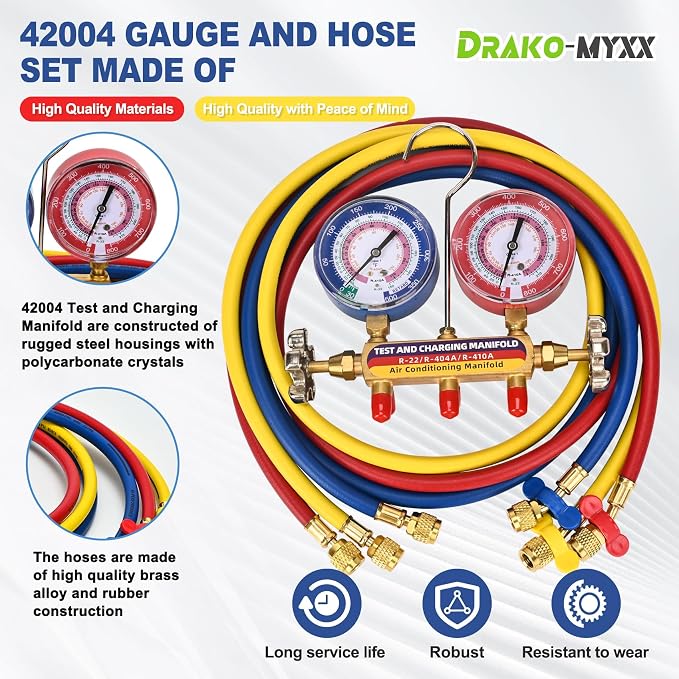 2026 Upgrade 42004 Test and Charge Manifold with 3-1/8" (80 mm) Gauge, for R-22/ 404A/ 410A, 1/4" to 1/4" Standard Flare Fittings with 60" HVAC Hoses, Gauge with Colored Label, Hvac Gauges with Hoses