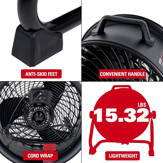 ECOMAX 16 Inch High Velocity Industrial Fan Portable Heavy Duty Drum Fan Metal Shop Fan with 3-Speed 360° Tilting, Floor Fans for Warehouse Workshop Garage, ETL Listed, EMF101618D