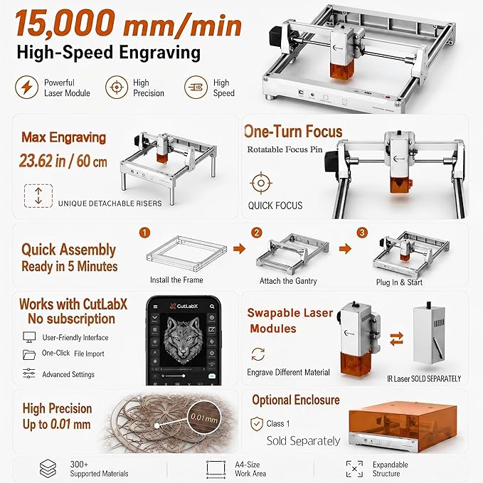 Laser Engraver, Carverall K15 Pro Laser Engraving Machine for Beginners DIY 200x300mm (Near A4) CNC Laser Cutter for Wood Coated Metal Acrylic Leather, Laser Radiation Power: 8.913μW Class 1