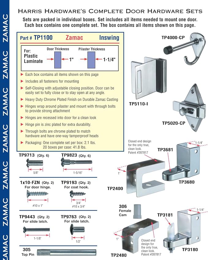 TP 1100 Toilet Partition Die Cast Zamac Complete Inswing Door Hardware Set, 1 in. Door 1-1/4 in. Pilaster