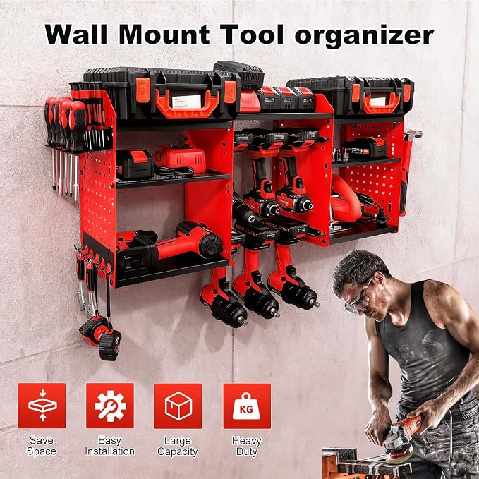 3 layers power tool organizer Loads 150lbs with 6 Cordless Drill Holder and 6 Outlet Power Strip,it’s good choice for husband birthday gift,red