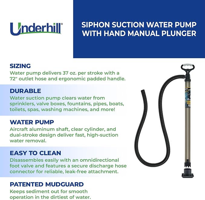 Underhill Big Gulp Pro Siphon Suction Water Pump 36 Inch Length with 72 Inch Outlet Hose, For Fluid Transfer, Water Removal, A-G3672CK