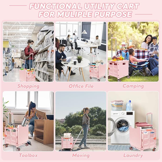 Foldable Utility Cart Rolling Crate Handcart Shopping Cart with Rotate Wheels Extended Magnetic Lid Telescoping Handle Adjustable Angle for Transports Groceries Office Teacher File(Pink)