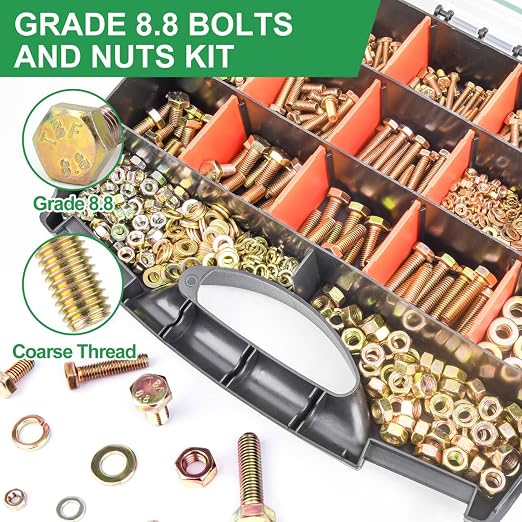 Foliv 1580pcs Metric Bolt Assortment, M4 M5 M6 M8 Nuts and Bolts Assortment Kit, Grade 8.8 Alloy Steel with Yellow Zinc Plated, Length from 12-30mm