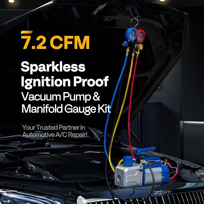 VIVOHOME 110V 3/4 HP 7.2CFM Dual Stage HVAC Vacuum Pump and 4 Way AC Manifold Gauge Kit, Sparkless Motor for R32 R1234yf R454B R134a R22 R410a Systems, Automotive Air Conditioner Maintenance