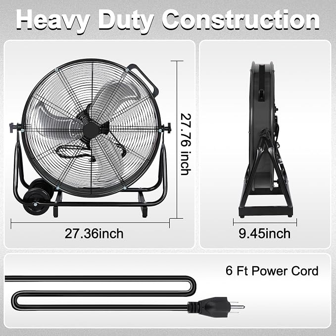 BILT HARD 24" 8100 CFM High Velocity Drum Fan, 3 Speeds Heavy Duty Tilt Metal Floor Shop Fan, Commercial Industrial Use for Garage, Factory, Warehouse, Black
