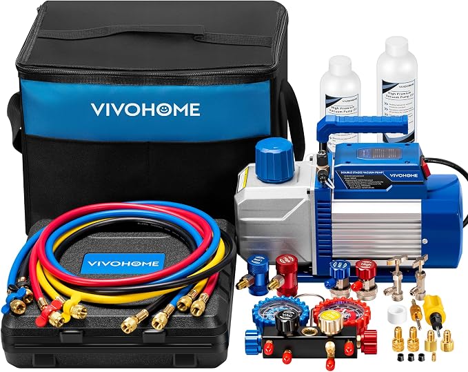 VIVOHOME 110V 1/2 HP 5CFM Dual Stage HVAC Vacuum Pump and 4 Way AC Manifold Gauge Kit, Sparkless Motor for R32 R1234yf R454B R134a R22 R410a Systems, Automotive Air Conditioner Maintenance