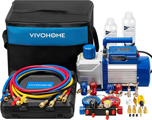VIVOHOME 110V 1/2 HP 5CFM Dual Stage HVAC Vacuum Pump and 4 Way AC Manifold Gauge Kit, Sparkless Motor for R32 R1234yf R454B R134a R22 R410a Systems, Automotive Air Conditioner Maintenance