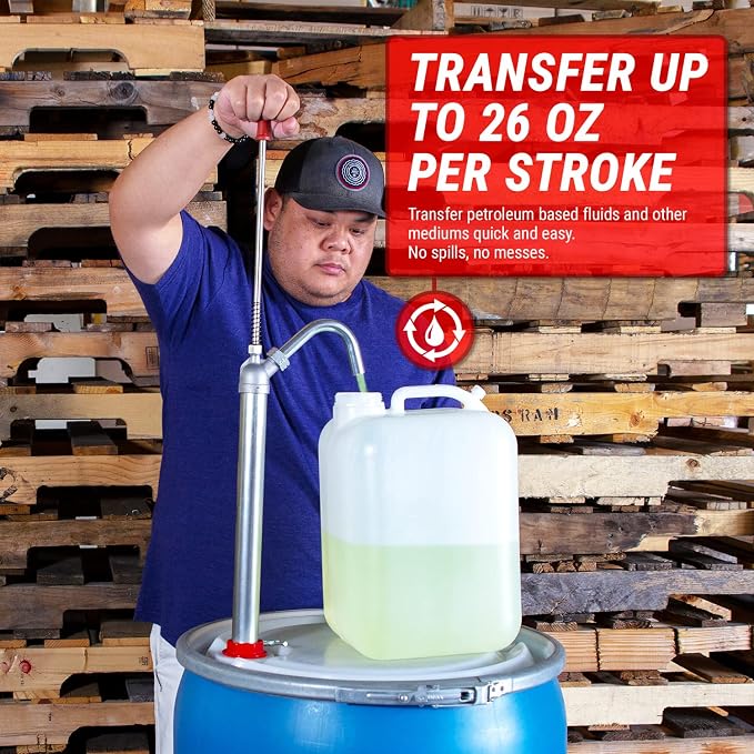 TERA PUMP Fast Flow Manual Powered Lift Action Steel Drum Light oil (up to 40), Hydraulic Fluid, Portable Heavy Duty Pump For Use On 15, 30, and 55 gallon drum barrel w/Telescopic Tube