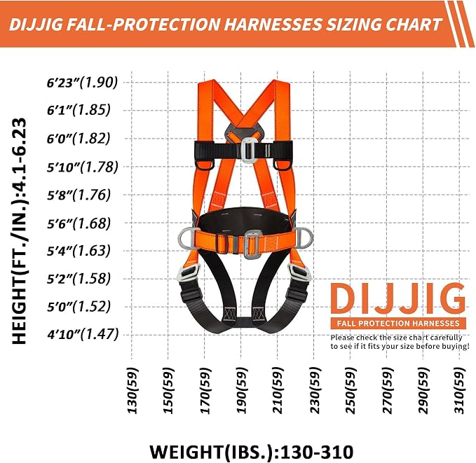 DIJJIG Safety Harness Fall Protection Kit Full Body Roofing Harnesses With Internal Shock Absorbing Lanyard, Orange Safety Harness For Construction OSHA/ANSI Compliant
