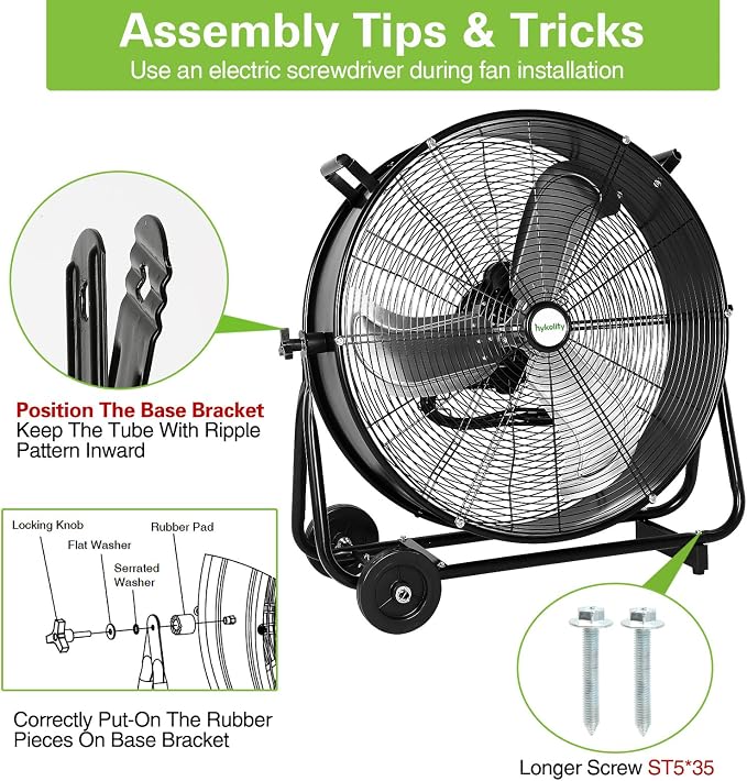 hykolity 24" High Velocity Industrial Drum Fan, 8100 CFM 3-Speed Heavy Duty Metal Shop Fan for Workshops, Warehouse, Garage and Factory, UL Listed
